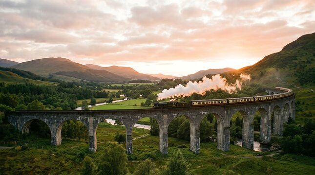 Steam train crossing a historic viaduct at sunset in scenic countryside