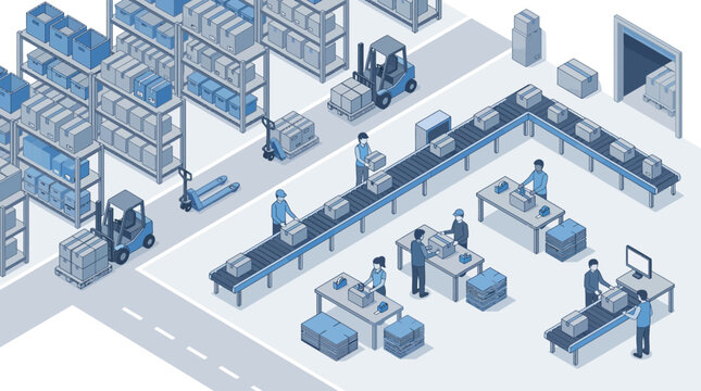 Efficient warehouse environment with workers managing inventory and forklifts in a modern storage facility