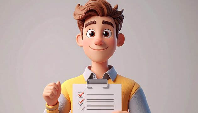 Cheerful cartoon man holding a clipboard with a checklist, success and planning, task completion, positive work ethic