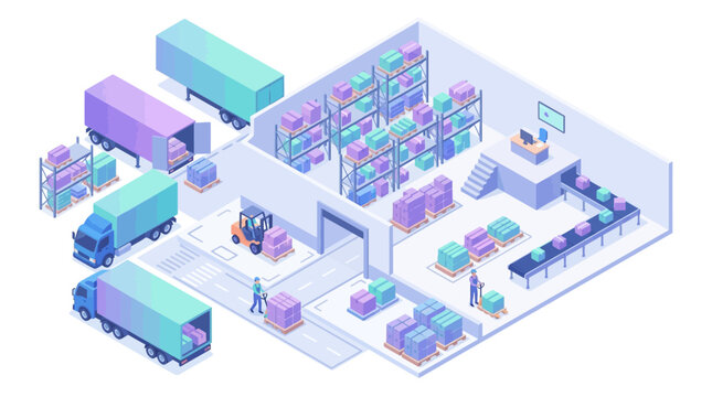Modern warehouse interior with storage racks, delivery trucks, and staff managing inventory in an organized logistics environment