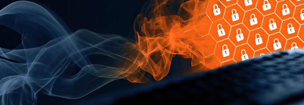 Flowing blue and orange smoke dissipates over a keyboard with digital locks