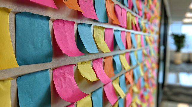 A wall covered in rows of brightly colored sticky notes, neatly arranged