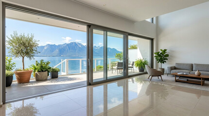 Fototapeta premium Modern living room with panoramic lake and mountain views, sliding doors