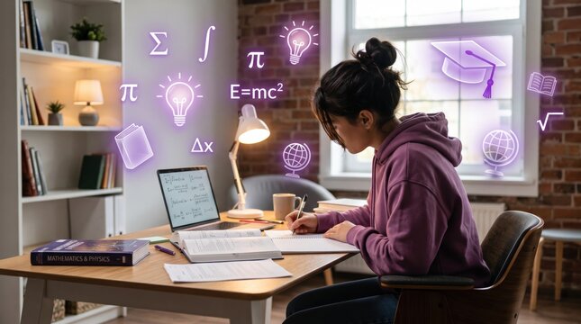 Student studying mathematics and physics at home desk, writing notes with floating educational icons like formulas and lightbulbs, online learning and academic success concept f...
