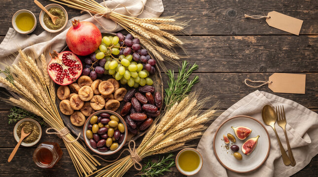 Tu BiShvat Festival Feast Overhead Table Setup with Seven Species Fruits Wheat and Copy Space