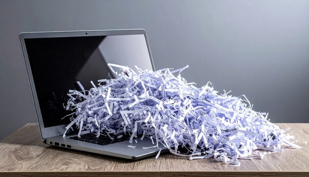 Office desk with shredded documents and laptop, cybersecurity and privacy concept