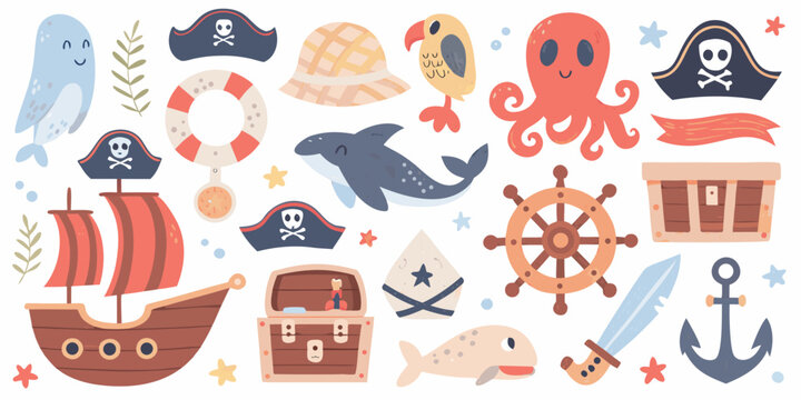 Nautical And Pirate Elements Vector Illustration With Colorful Details