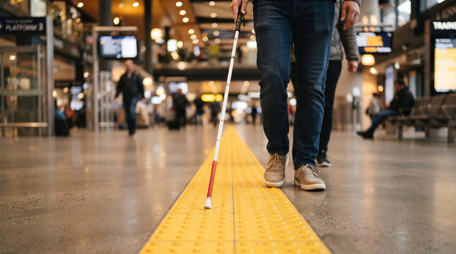Visually Impaired Man Walking with White Cane on Yellow Tactile Paving in Train Station