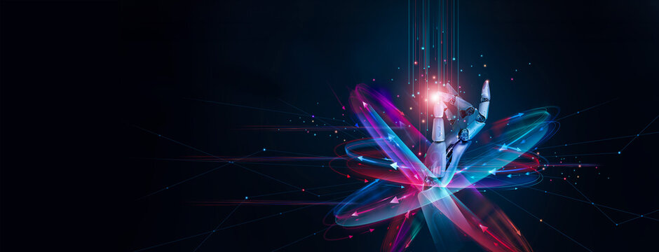 Hand of robot on data network with colorful digital arrows swirling around a hand robot evolution of data and technology growth, Science and AI, artificial intelligence technology futuristic.