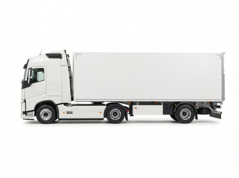 White semi truck with blank cargo trailer isolated on white background for mockup and logistics