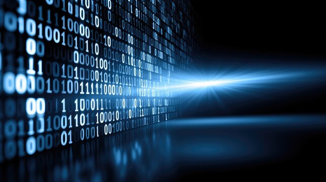 Digital stream of glowing white binary code on black background with blue light