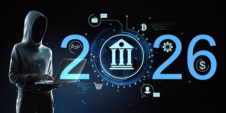 Hooded cybercriminal with laptop beside 2026 banking security symbols, digital finance interface, cryptocurrency and online fraud concept on dark background.