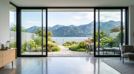 Fototapeta premium Modern living room with panoramic view of lake and mountains through sliding glass doors