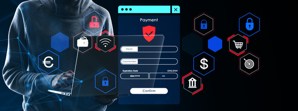 Cybersecurity payment protection with person using laptop, digital wallet, secure checkout interface, locks and financial symbols on dark background.