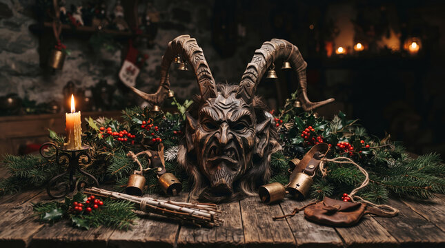 Wooden Krampus Mask with Bells Holly and Birch Rods Display