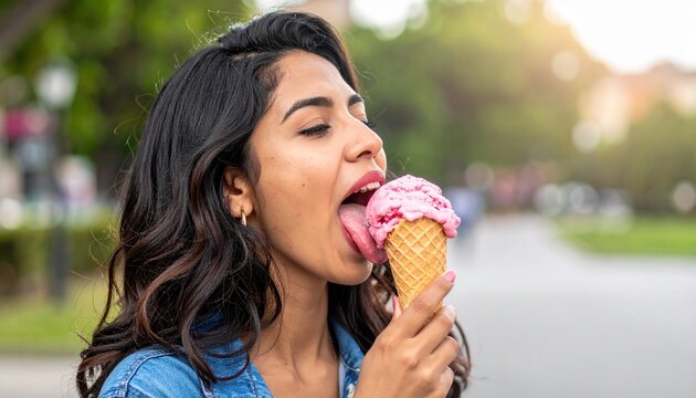 Young woman licking strawberry ice cream outdoors