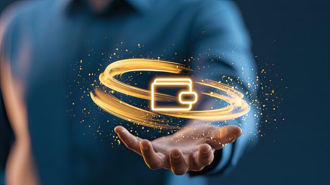 Hand holds glowing digital wallet icon surrounded by swirling light and particles