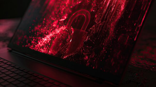 A shattered laptop screen glows red, displaying a cracked, open padlock