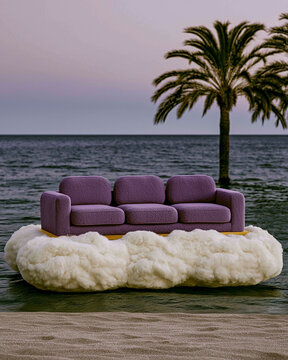 Purple couch and yellow pillows resting on a white cloud near sunset palms. Perfect for luxury beach lounge advertising.