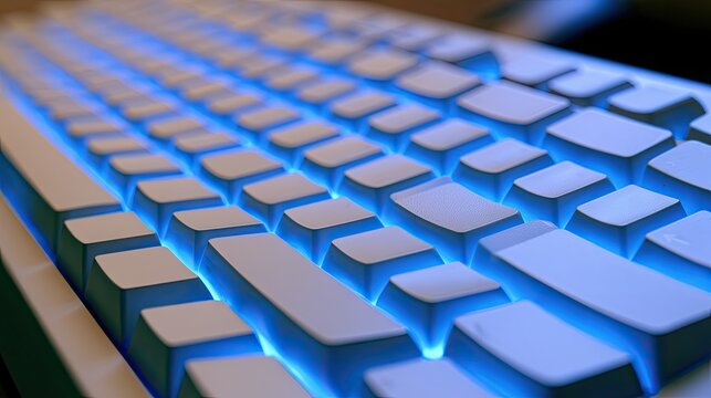 Close-up of a white keyboard with glowing blue backlighting