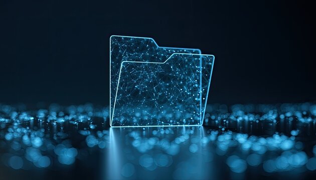 Glowing digital folder icon with network connections on abstract data background