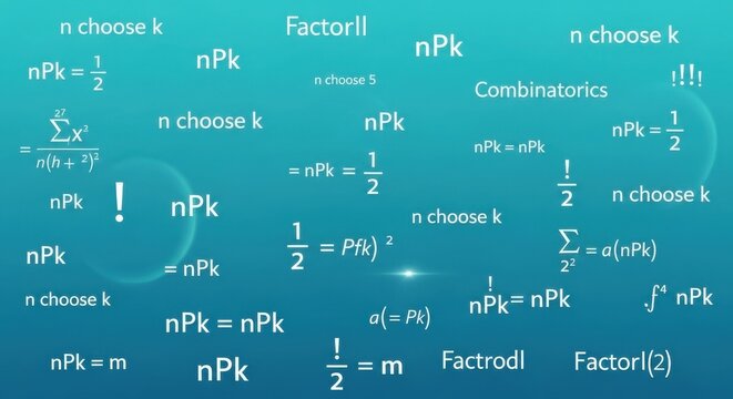Abstract Representation of Mathematical Formulas and Concepts in Combinatorics and Permutations Showcasing Notation and Equations with a Deep Blue Hue and Subtle Bubbles for Educational and Scientific