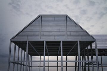 Obraz premium Modern dark gray steel building frame with gabled roof and open structural beams beneath a cloudy light abstract background. 3D Rendering