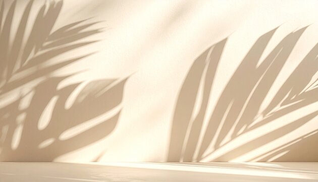 Soft tropical leaf shadows dance across a warm beige wall, creating a calm, minimalist aesthetic with natural light and elegant botanical ambiance.