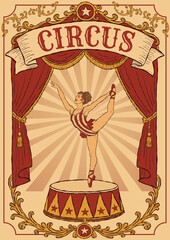 Vintage circus poster featuring an elegant acrobat performing on a pedestal beneath grand theater curtains with ornate decorative borders and a retro carnival banner. © MoonS 