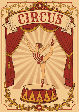 Vintage circus poster featuring an elegant acrobat performing on a pedestal beneath grand theater curtains with ornate decorative borders and a retro carnival banner.