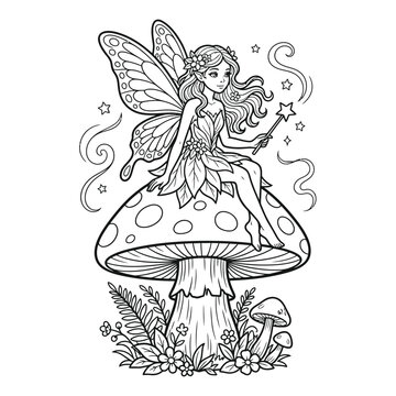 Fairy character sitting on toadstool with magic wand coloring page