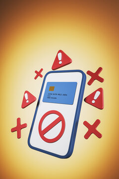 Blocked payment card with warning symbols and prohibition sign on a warm yellow background, illustrating transaction failure and security risk. 3D Rendering