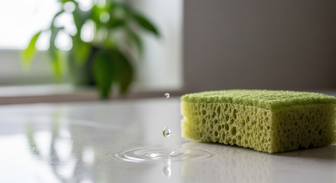 Green sponge with water droplets splashing on a reflective surface hinting at household chores and the refreshing essence of cleanliness within a home setting evoking a sense of domestic order and ref