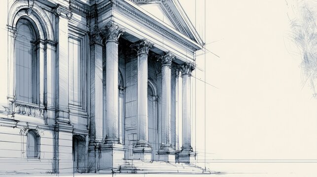 Architectural Sketch of Classic Building Facade with Columns and Pediment