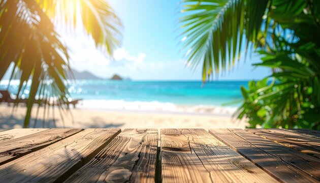 Summer wooden table with palm leaves and blurred beach background