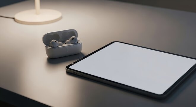 Unobstructed view of grey wireless earbuds in charging case next to a blank tablet screen and a desk lamp symbolizing productivity and digital connectivity for remote work and entertainment.