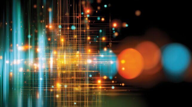 Golden and blue glowing particle grid network, abstract digital data flow with bokeh lights on dark technology background
