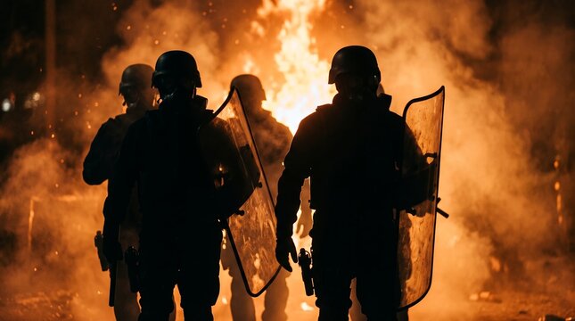 Silhouetted police officers in riot gear holding shields and weapons stand against a backdrop of intense fire and smoke during a nighttime protest law enforcement demonstration conflict