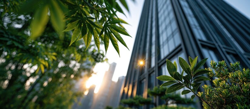 Low angle view of glass skyscraper with green tree leaves, sustainable eco city architecture and sunlight through foliage
