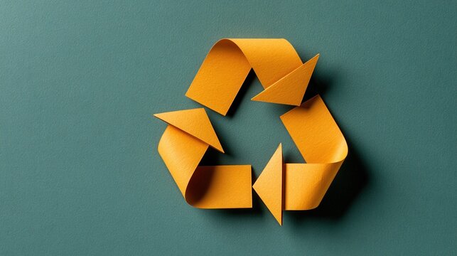 Yellow paper origami recycling symbol on teal green background, sustainable ecology and environmental reuse concept flat lay