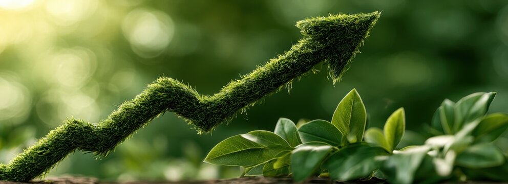 Green moss grass growing upward arrow shape with leaves, sustainable growth and eco friendly business success concept