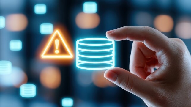 Finger touching database icon with warning triangle alert, data storage error and cybersecurity breach warning concept