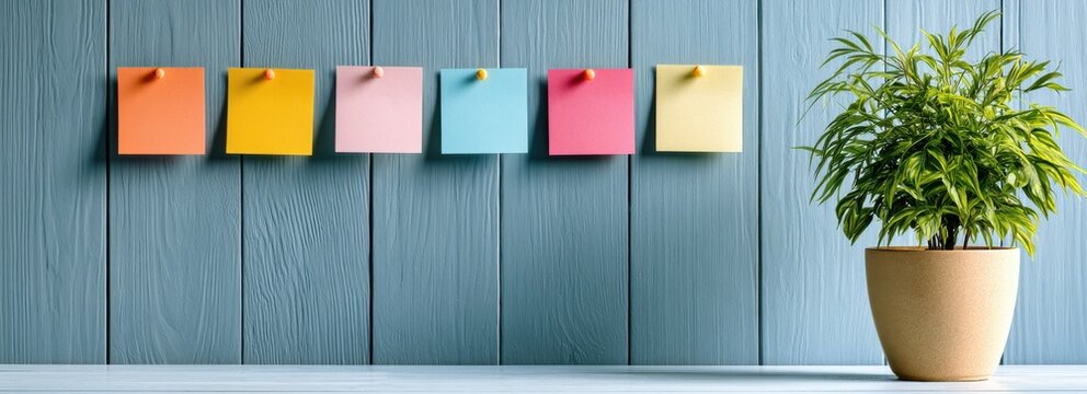 Colorful sticky notes pinned on blue wooden wall with potted plant, creative reminder and office planning workspace banner