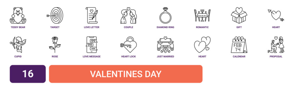 Set of 16 outline web Valentines Day icons such as proposal, calendar, heart, just married, heart lock, love message, rose vector icons for report, presentation, diagram, web design, mobile app