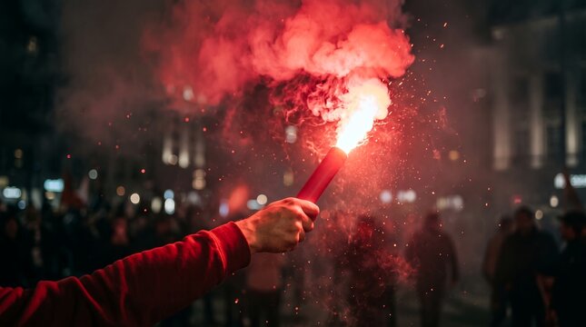Person holding a bright red flare emitting thick smoke and glowing embers during a night protest or event with blurred figures in the background crowd celebration hand burning fire light