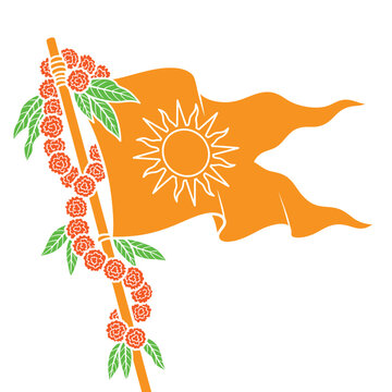 Saffron hindu flag with sun emblem and marigold garland on bamboo pole