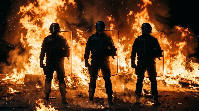 Three riot police officers in full gear stand with transparent shields facing a large intense bonfire at night silhouetted against the flames law enforcement protest security order chaos