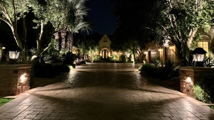 Obraz premium Elegant residential driveway illuminated at night with lush trees and lanterns