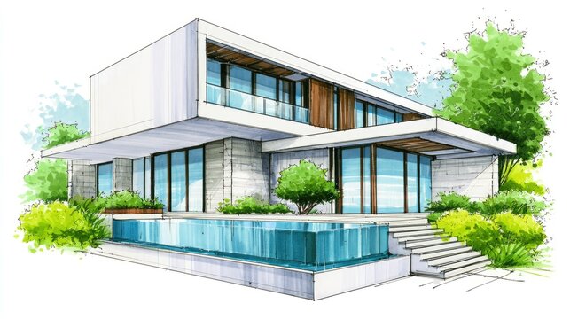 Modern two-story house with pool, greenery, and large glass windows
