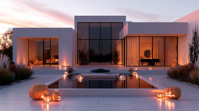 Modern white minimalist house with large glass windows and water feature at sunset